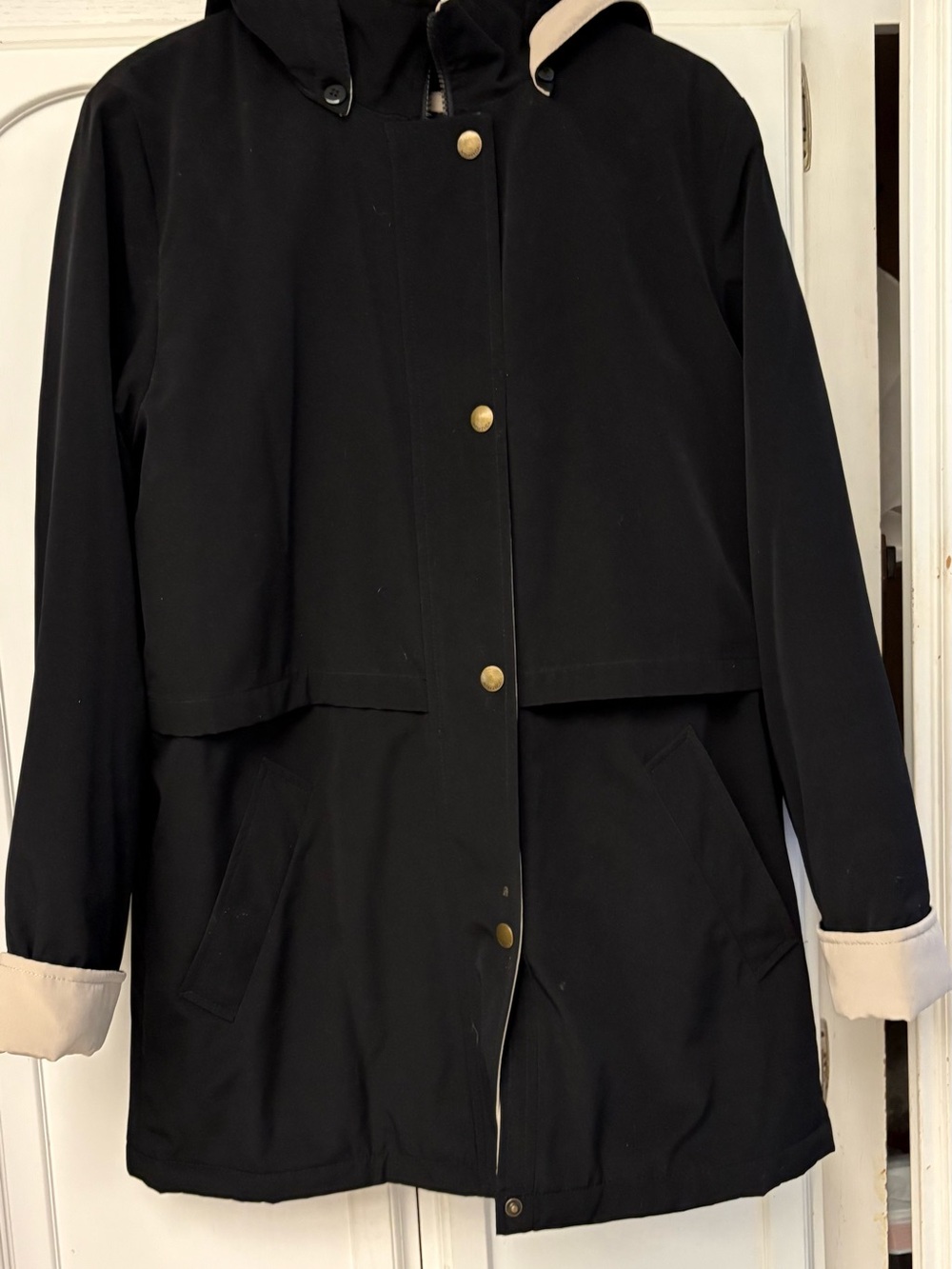 Nautica Black Hooded Trench Coat with Cream Cuff Accents